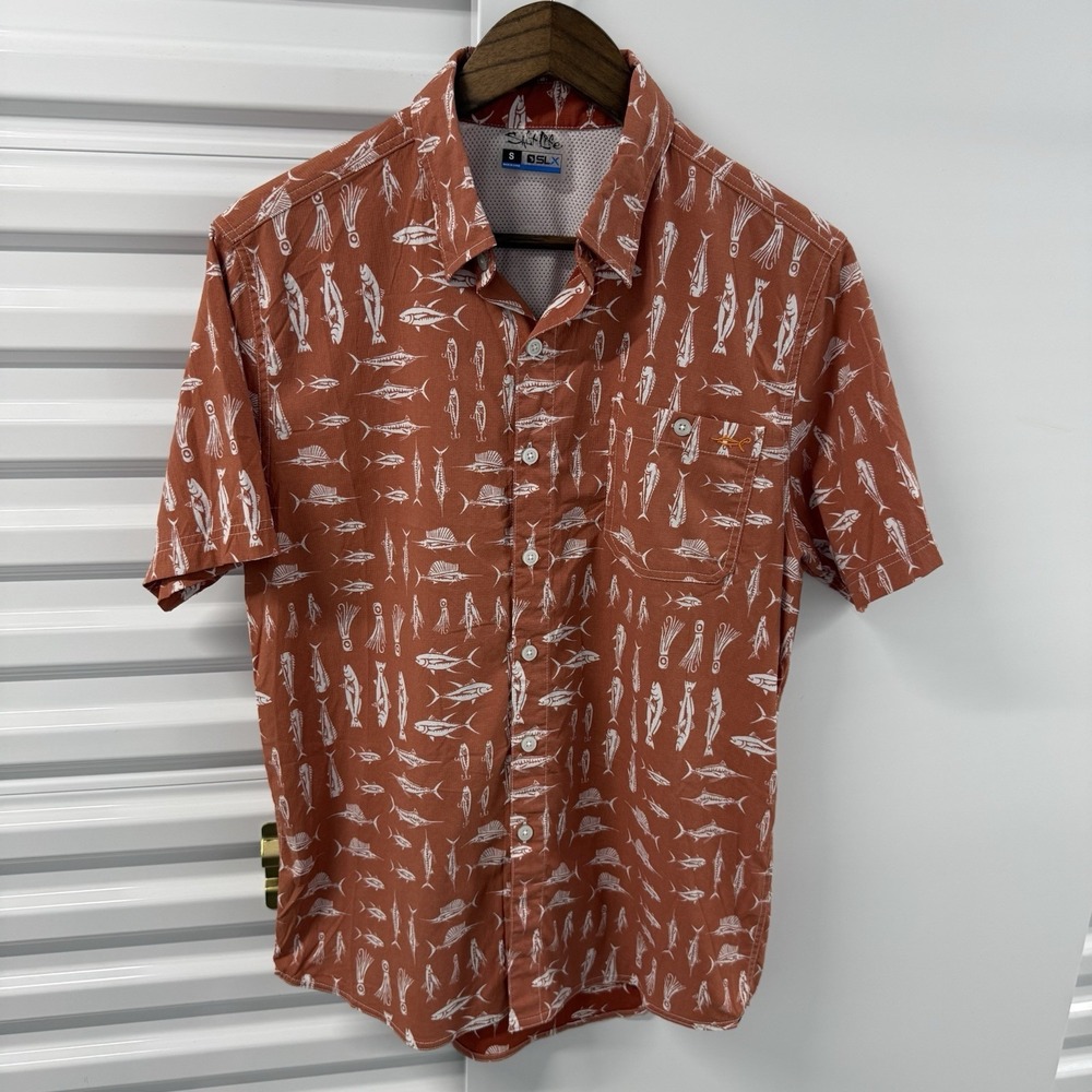 Salt Life SLX Fishing Shirt Mens Small Orange Fish Print Button Up